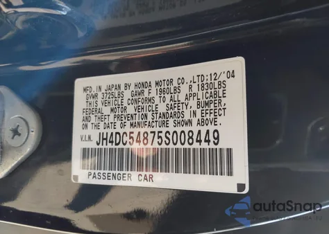 2005 Acura Rsx from USA, damaged, VIN JH4DC54875S008449